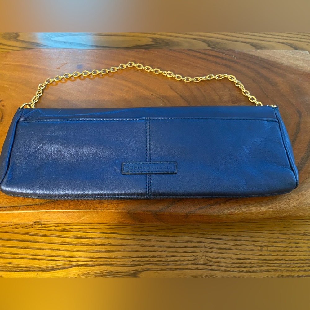 NWOT. BCBG Maxazria navy blue (shimmery look) clutch/shoulder strap handbag. - Picture 4 of 13